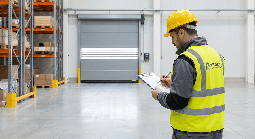 Facility manager inspecting a commercial garage door
