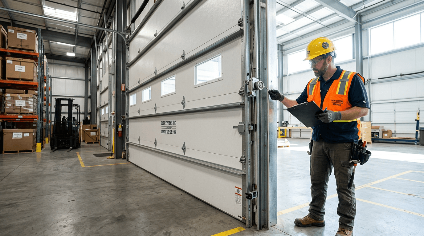 Technician servicing a commercial garage door