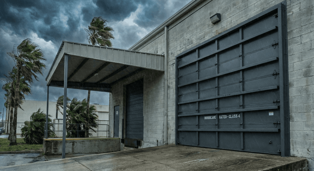 Hurricane-resistant commercial garage door on a Florida business