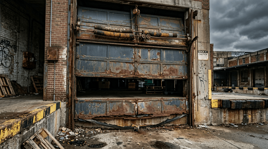 Damaged commercial garage door from lack of maintenance