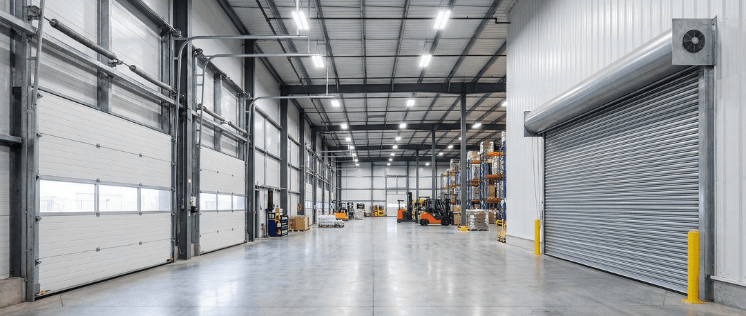 Commercial warehouse with roll-up and sectional garage doors